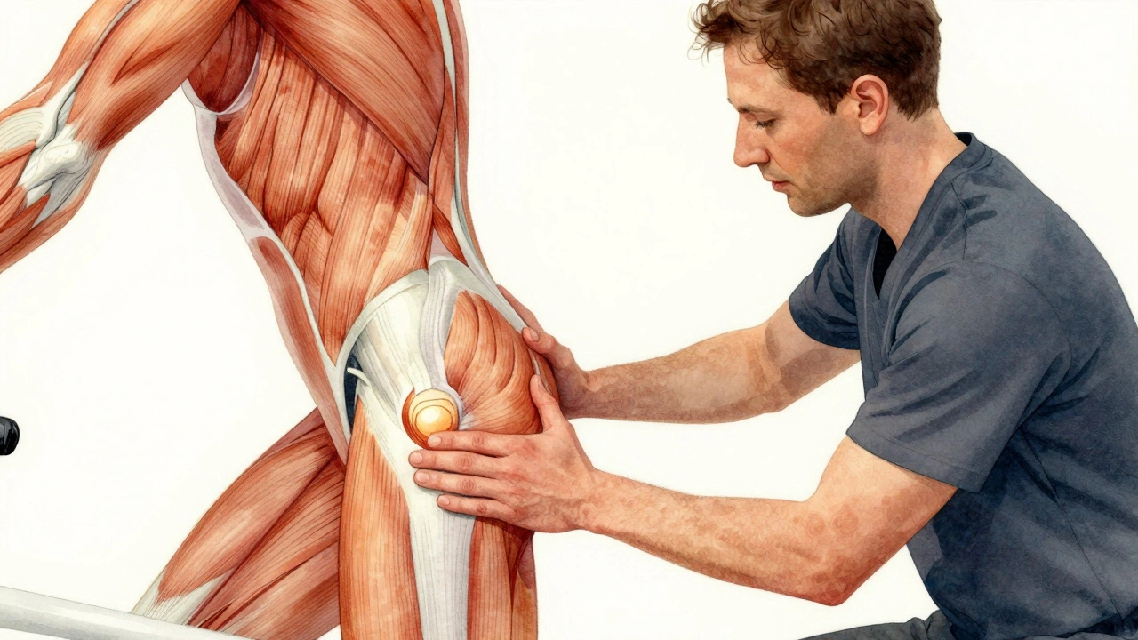 Therapist working on cyclist’s glute muscle with anatomical muscle fiber visualization.