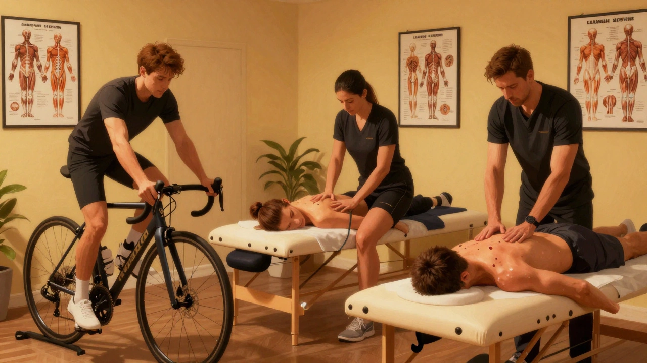 Three athletes receiving different sports massage treatments in a London clinic, therapist focused on biomechanics.