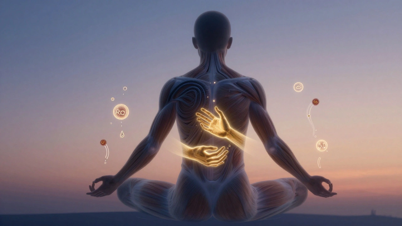 Translucent human silhouette with tension threads being released by golden hands, cortisol dissolving and serotonin rising in a dreamy twilight backdrop.