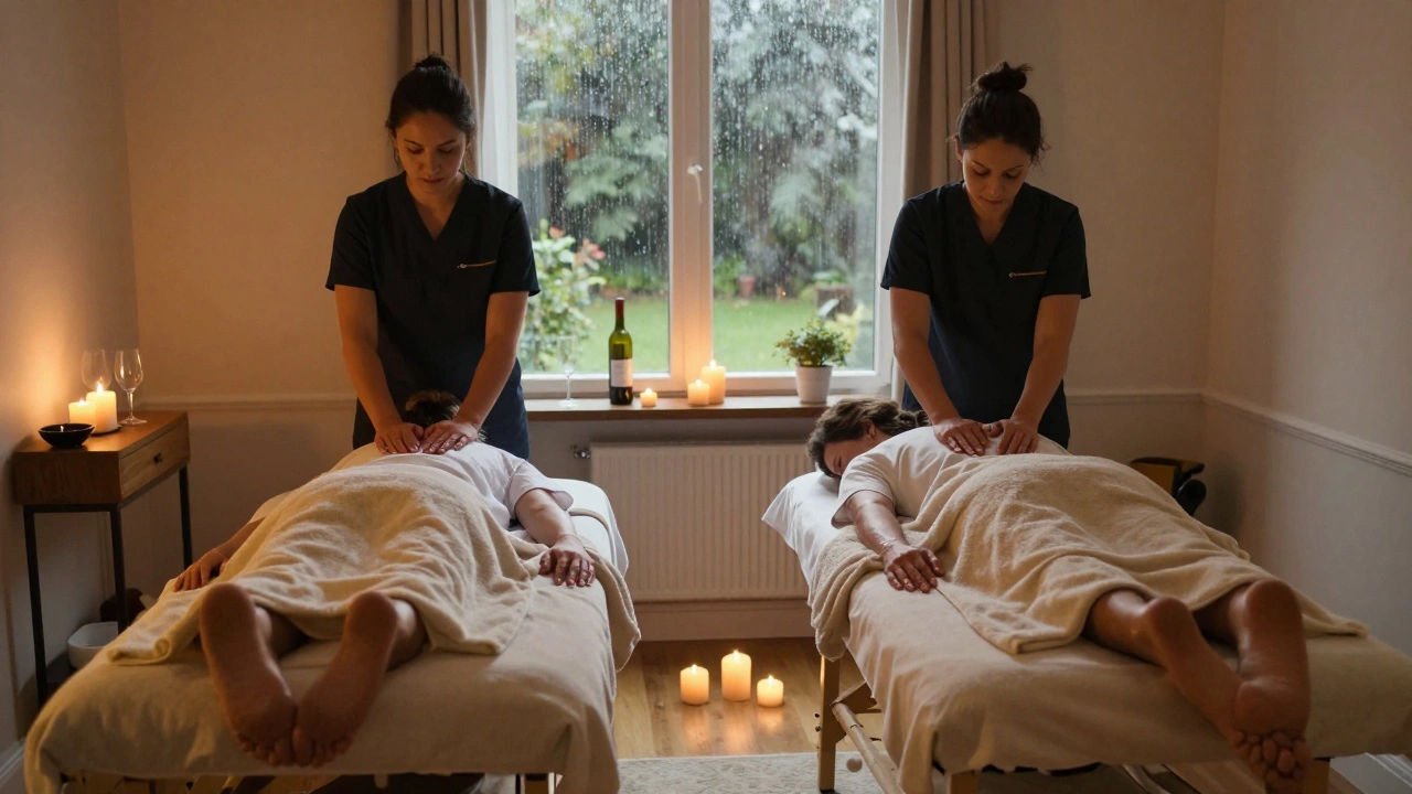 Two people enjoying side-by-side massages in a London apartment, candles glowing and rain visible at the window.