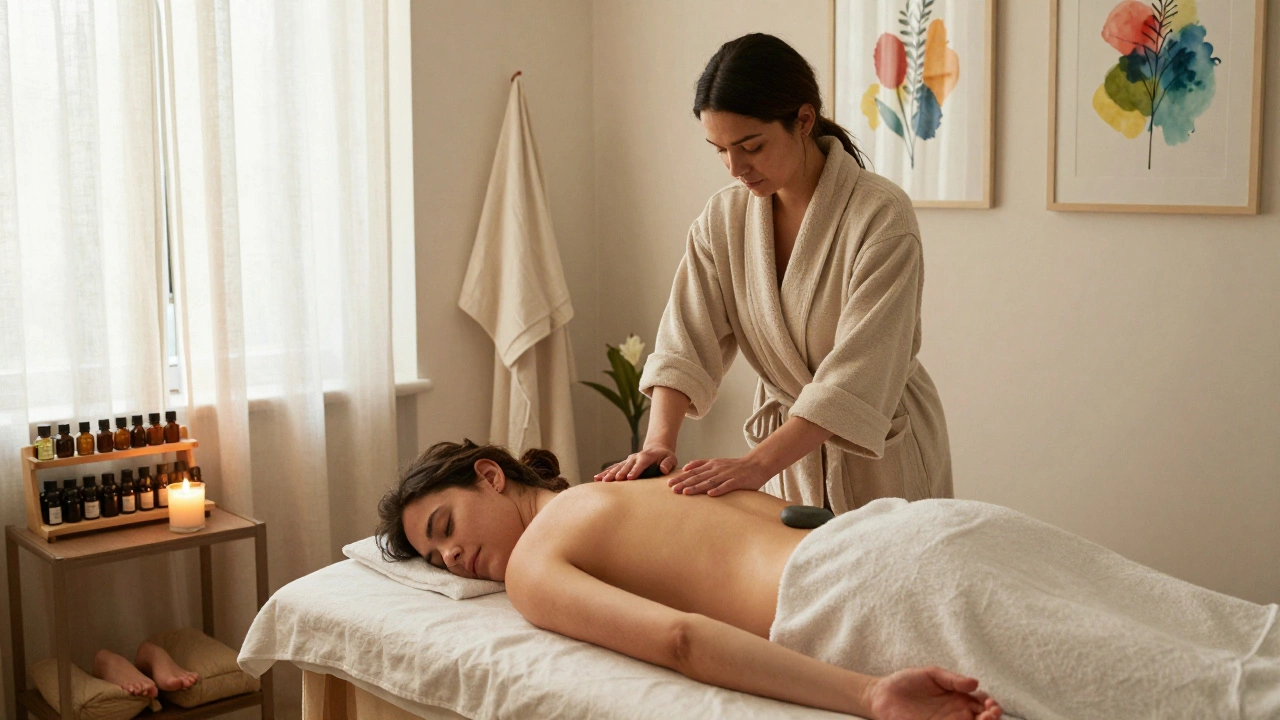 Two people receiving a couples massage in a cozy Brixton studio with warm stones and candles.