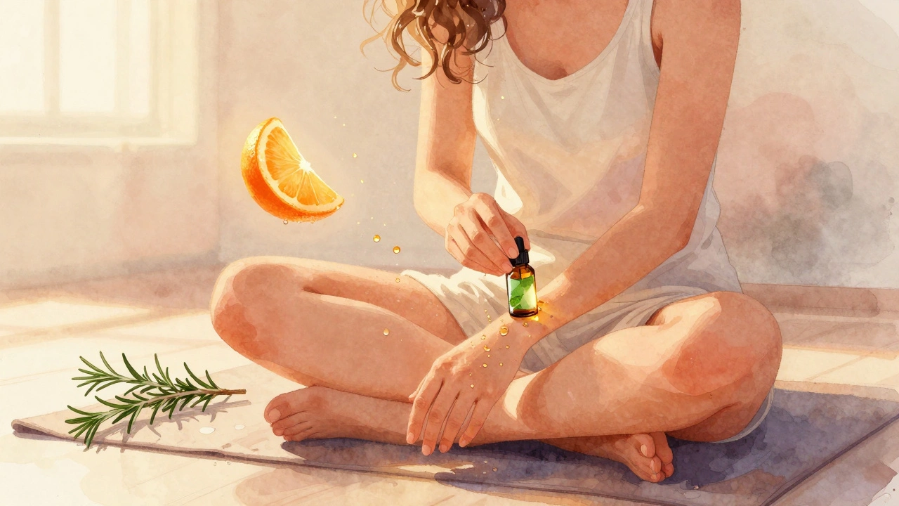 Woman applying citrus and mint oil blend to her wrists at dusk, sunlight catching floating droplets.