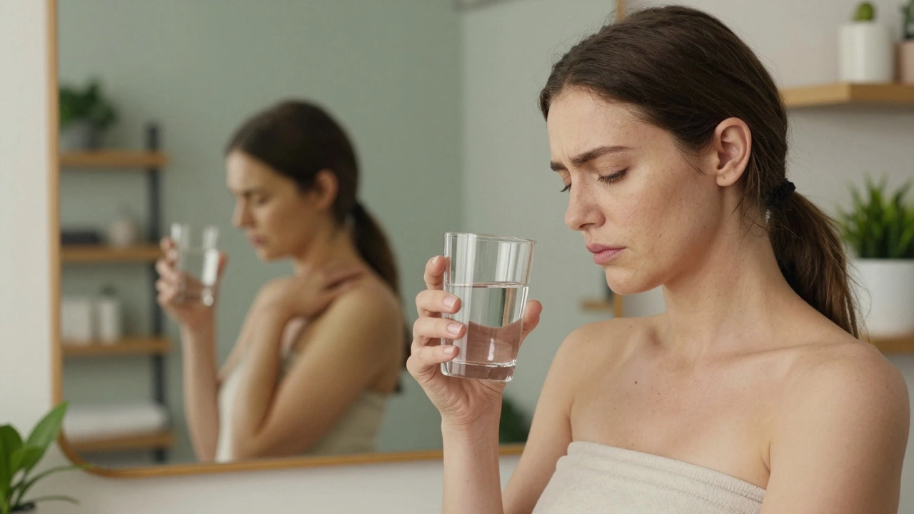Woman standing after massage, holding water, reflecting on past tension in mirror.