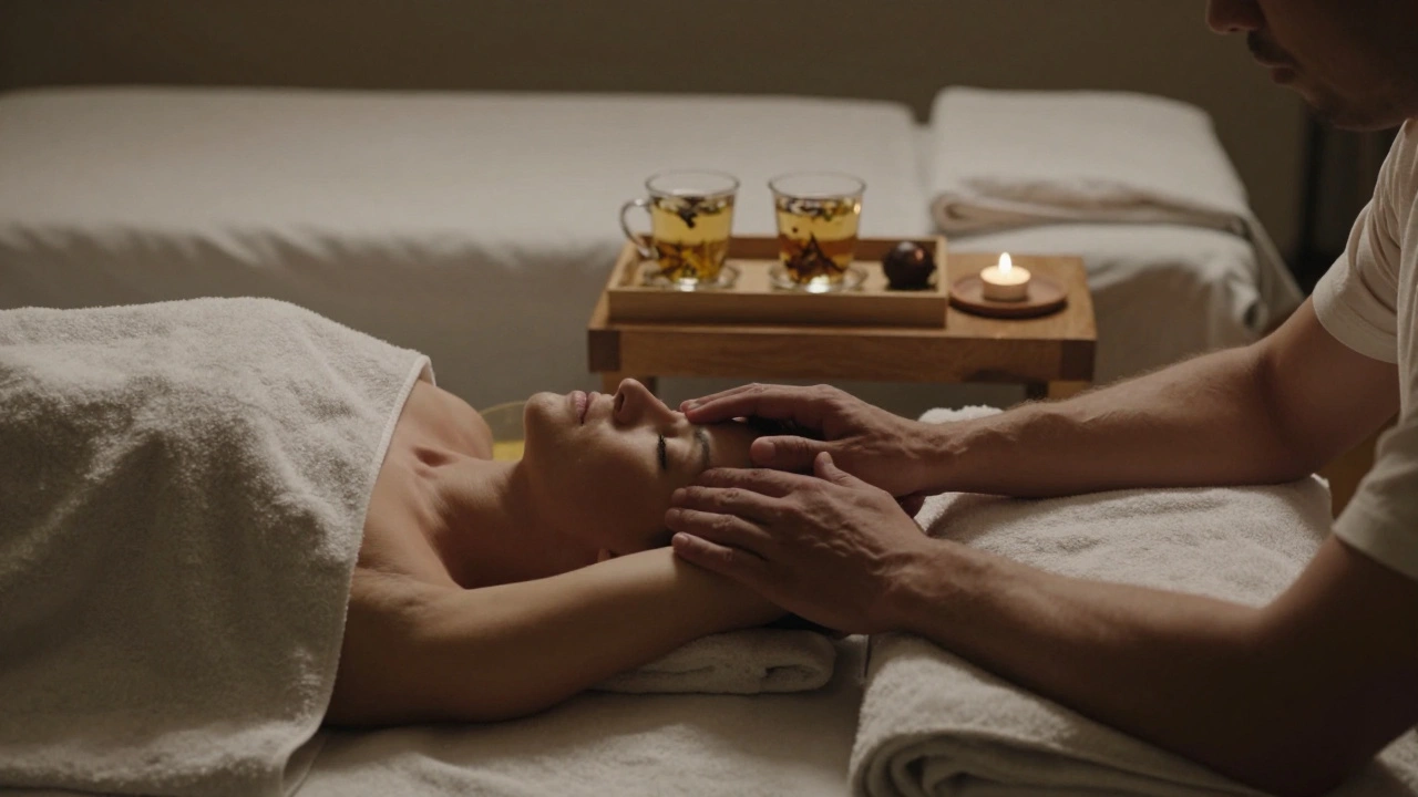 A couple in robes, gently holding hands after a massage, bathed in soft candlelight.