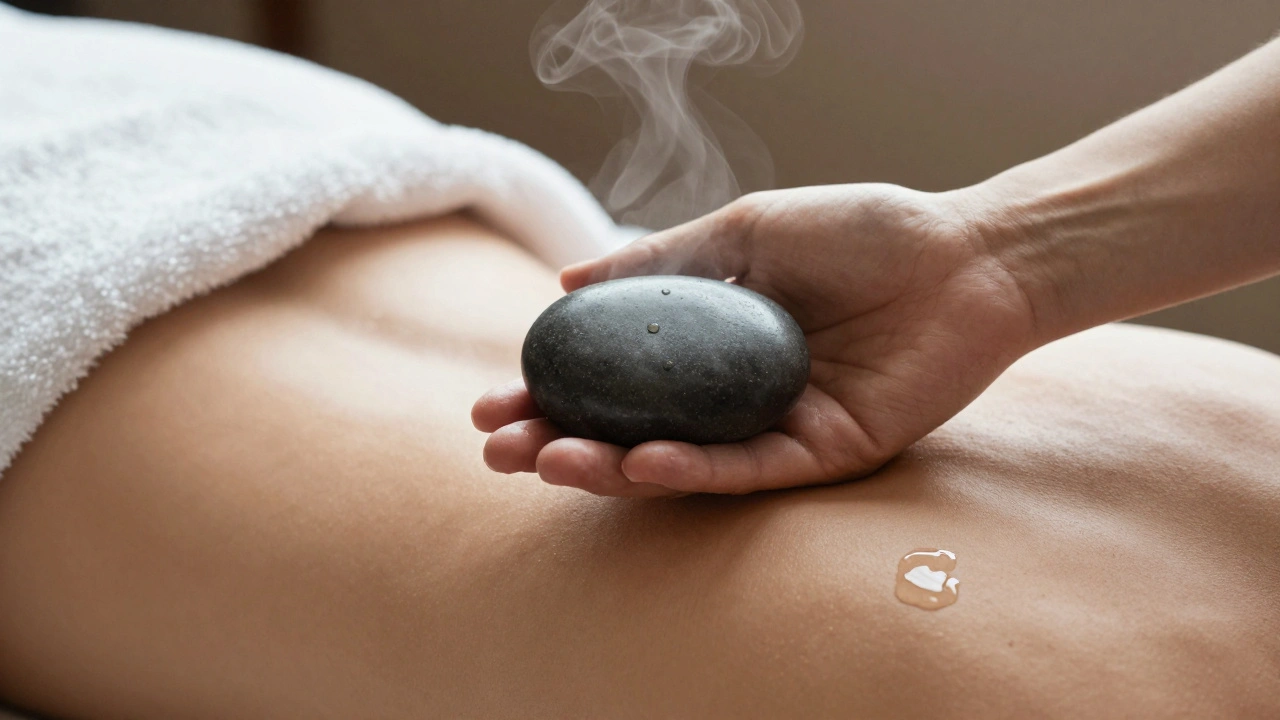 A heated stone resting gently on a back, with steam rising and a single drop of oil glistening, in a quiet, intimate setting with soft lighting.