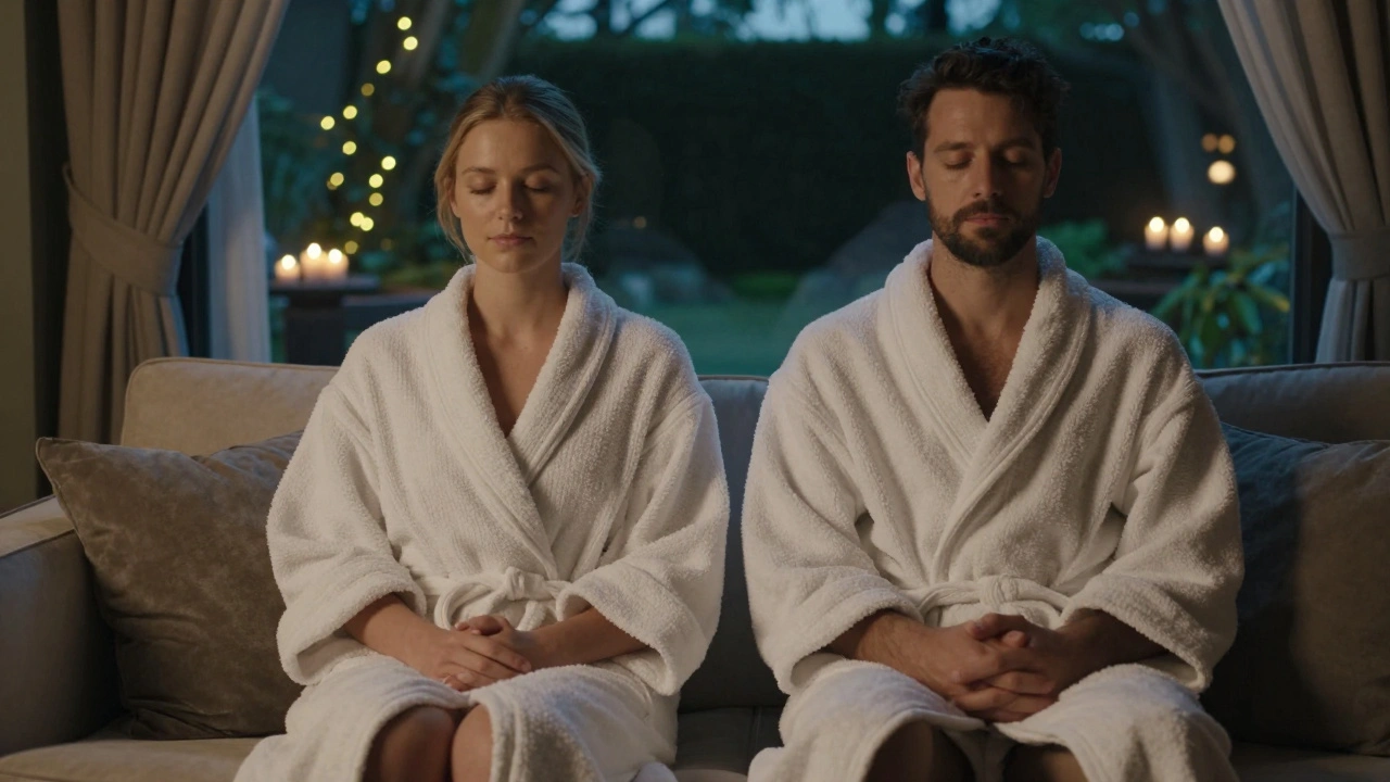 A peaceful couple wrapped in robes, clasping hands on a couch, with a hidden garden visible through a curtain.