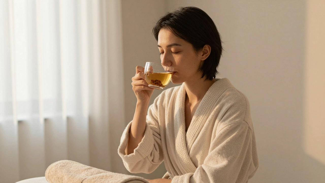 A person relaxing after an Indian massage, wrapped in a robe and sipping herbal tea in soft golden light.
