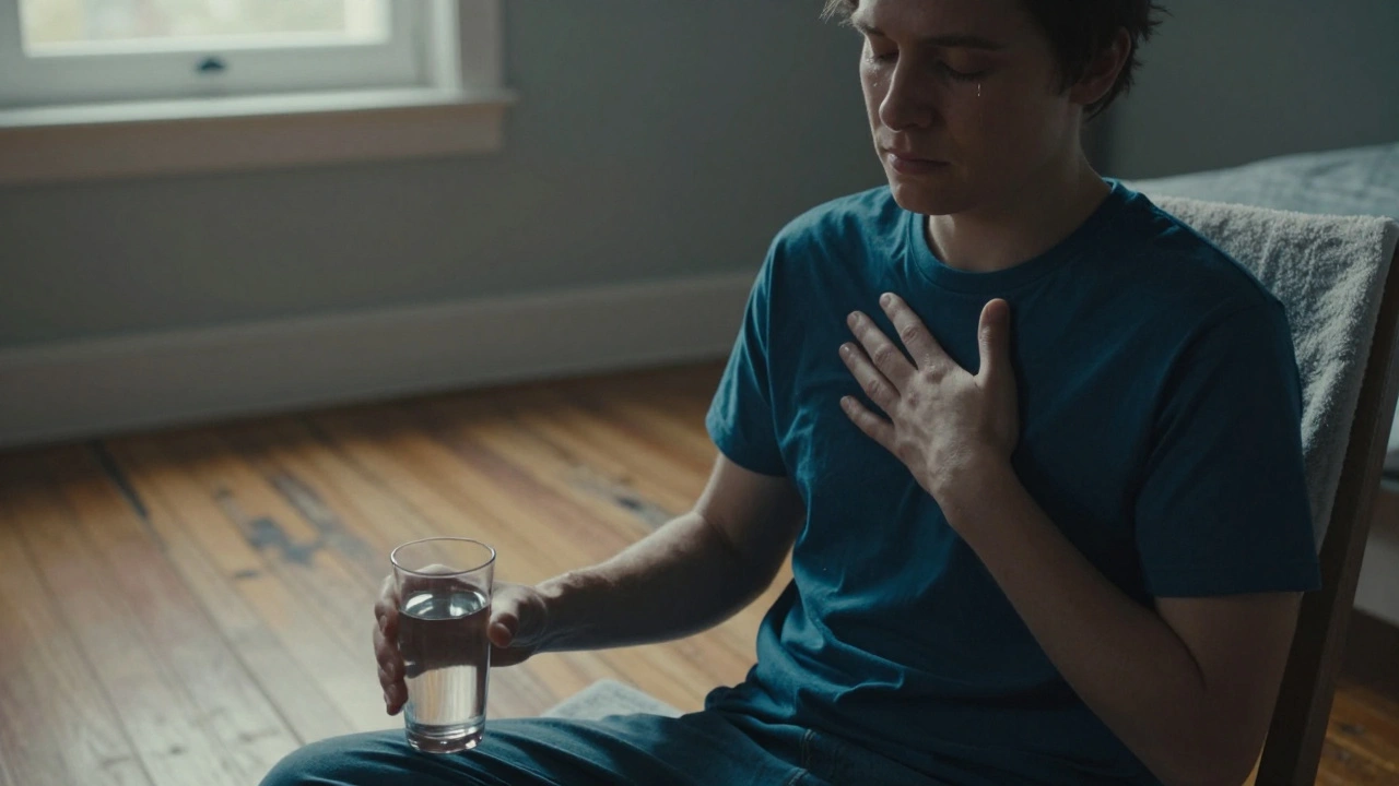 A person sitting calmly after a deep tissue session, holding water, morning light filtering through a window.