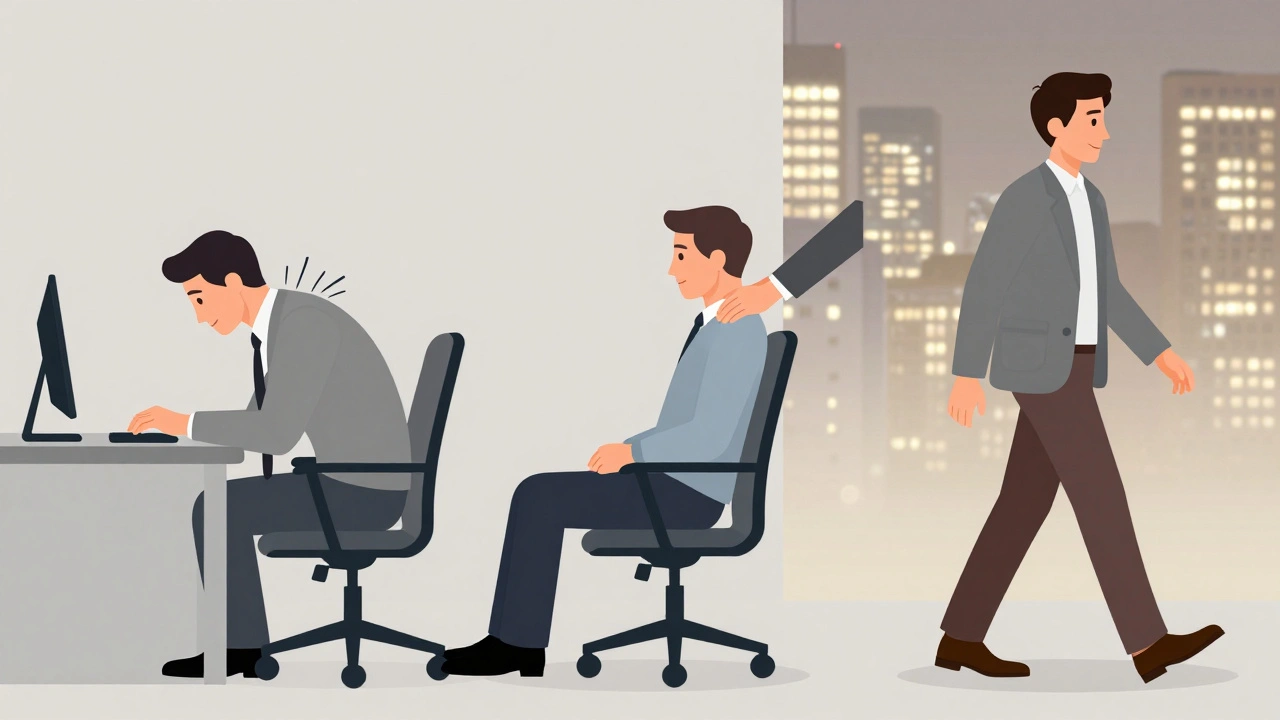 A professional's transformation from stressed to relaxed through a midday massage, shown in three moments of the day.