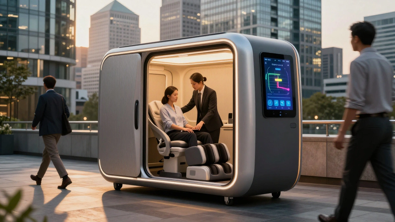 A sleek mobile massage pod outside a London office tower, with a client receiving a session during lunch break.