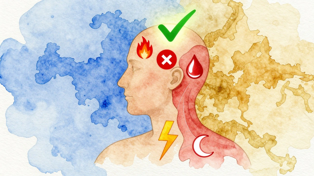 A stylized human head and shoulders with symbolic warnings for contraindications to Indian head massage.