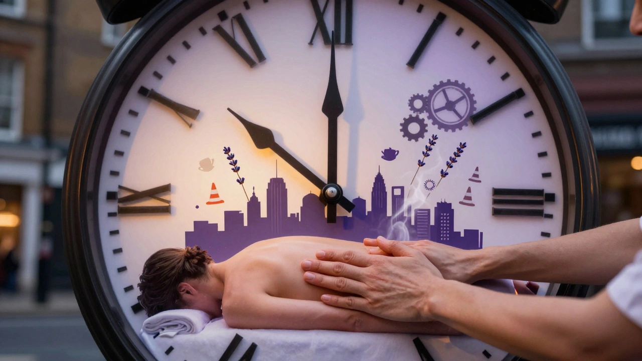 A symbolic clock with therapist’s hands replacing the hands, melting stress symbols into calm elements against a London skyline.