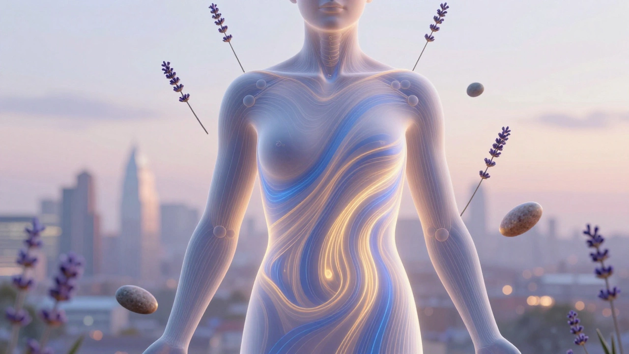 A symbolic illustration of tension releasing from the body as flowing light, with lavender and warm stones surrounding the form in a peaceful London dusk setting.
