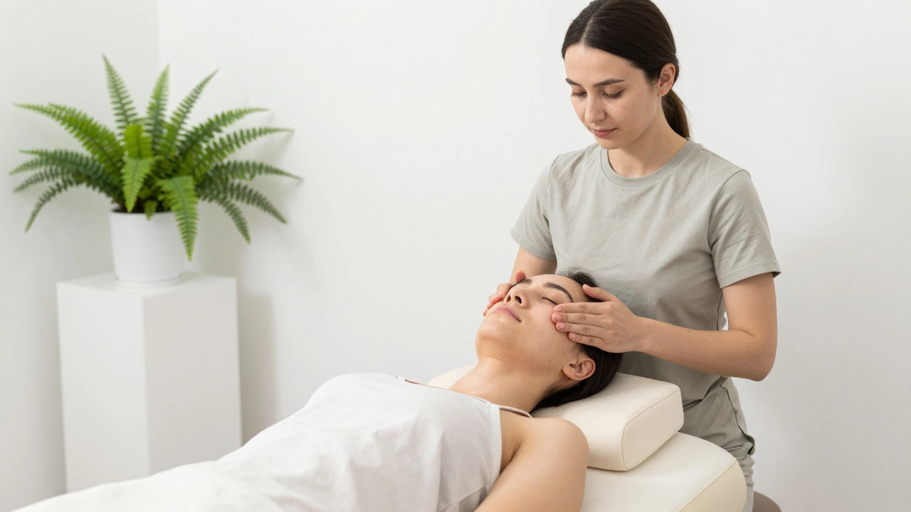 A therapist applying precise acupressure to a client's temples and neck during a quick head massage in a modern London clinic.