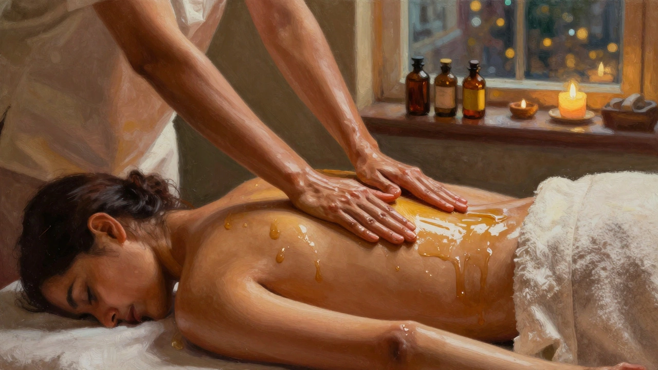 A therapist performing Abhyanga massage with warm herbal oil, using rhythmic strokes on a client's back in a quiet London spa.