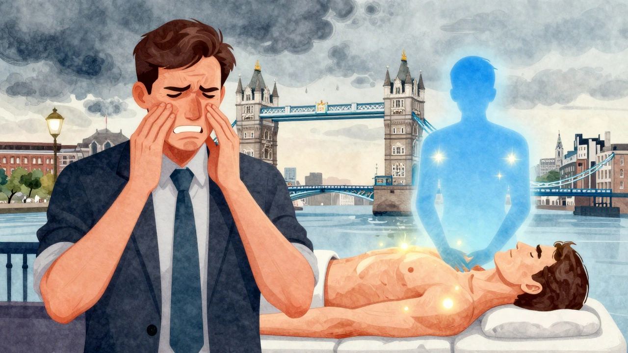 A visual contrast of stressed and relaxed body states with London landmarks in the background, symbolizing massage therapy benefits.