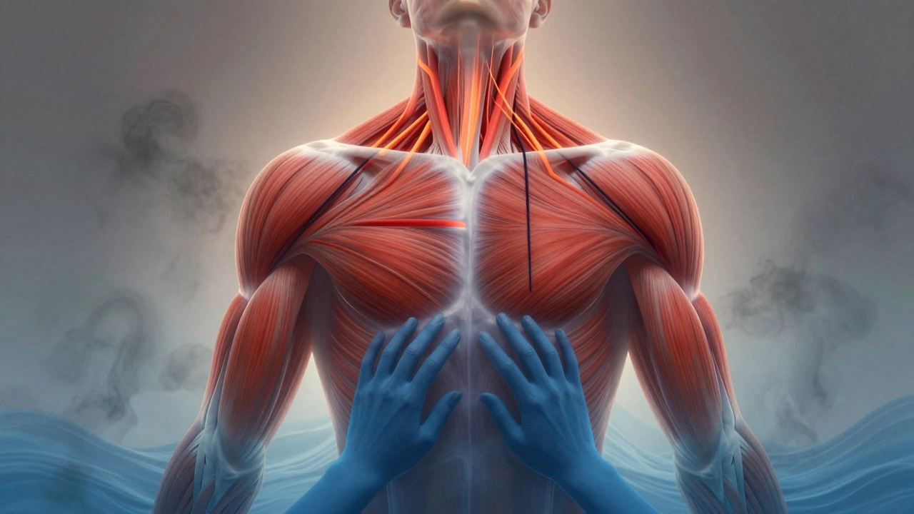 Abstract representation of deep muscle tension dissolving under therapeutic pressure, symbolizing anxiety release.