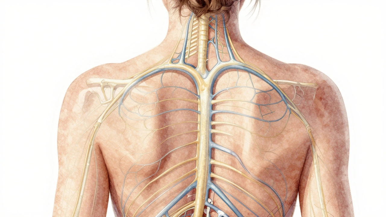 Anatomical illustration of lymphatic vessels glowing with fluid flow along the body's natural pathways.