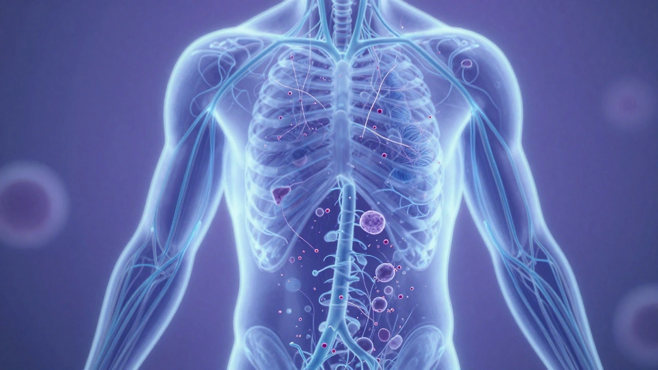 Artistic depiction of the lymphatic system with glowing fluid pathways moving toward lymph nodes in the body.
