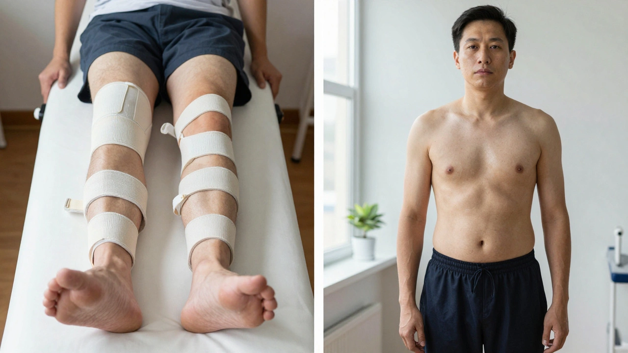 Before and after comparison of a post-surgical patient showing reduced swelling after lymphatic drainage therapy.