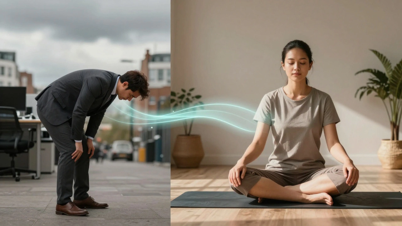 Before and after contrast: stressed commuter transformed into relaxed person after Thai massage in sunlit studio.