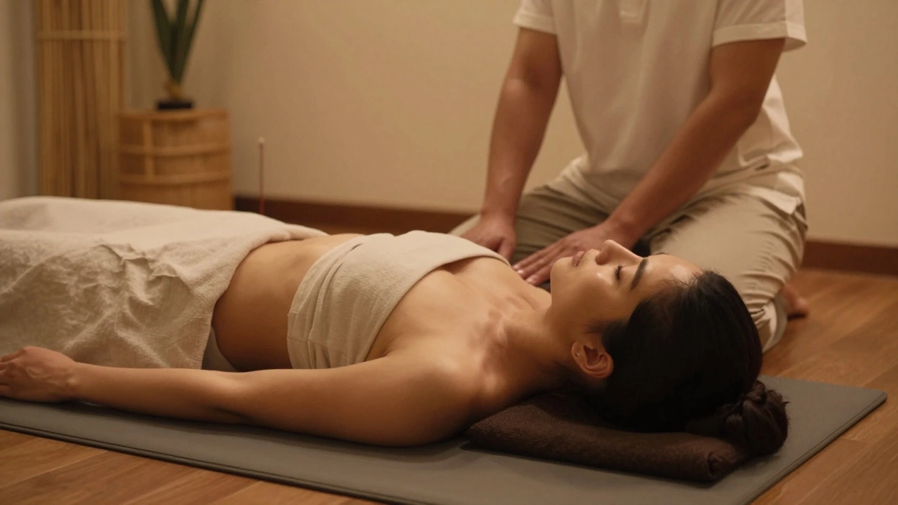 Client resting peacefully after a Thai massage, surrounded by calm studio lighting.