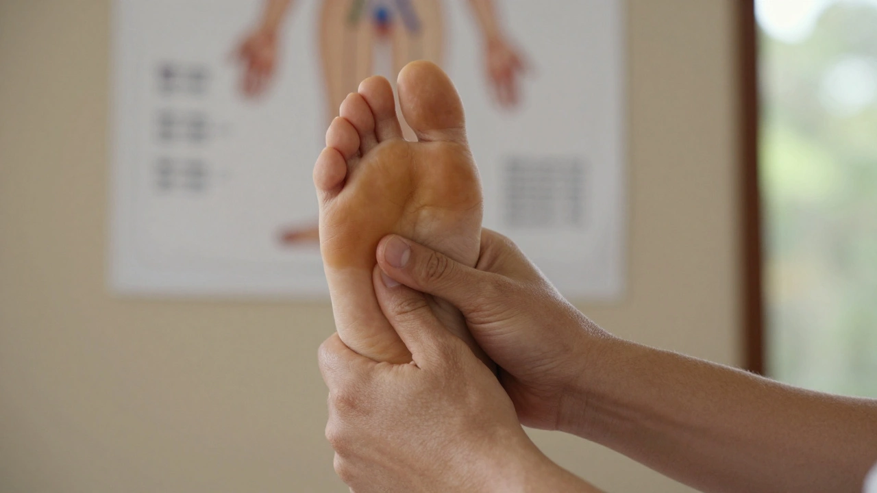 Close-up of hands applying pressure to reflexology points on the sole of a foot.