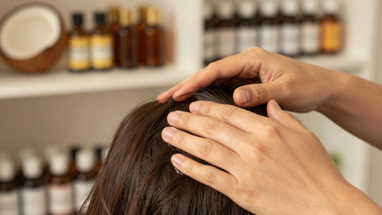 Close-up of hands massaging scalp with just a trace of oil, highlighting how little residue remains on hair.