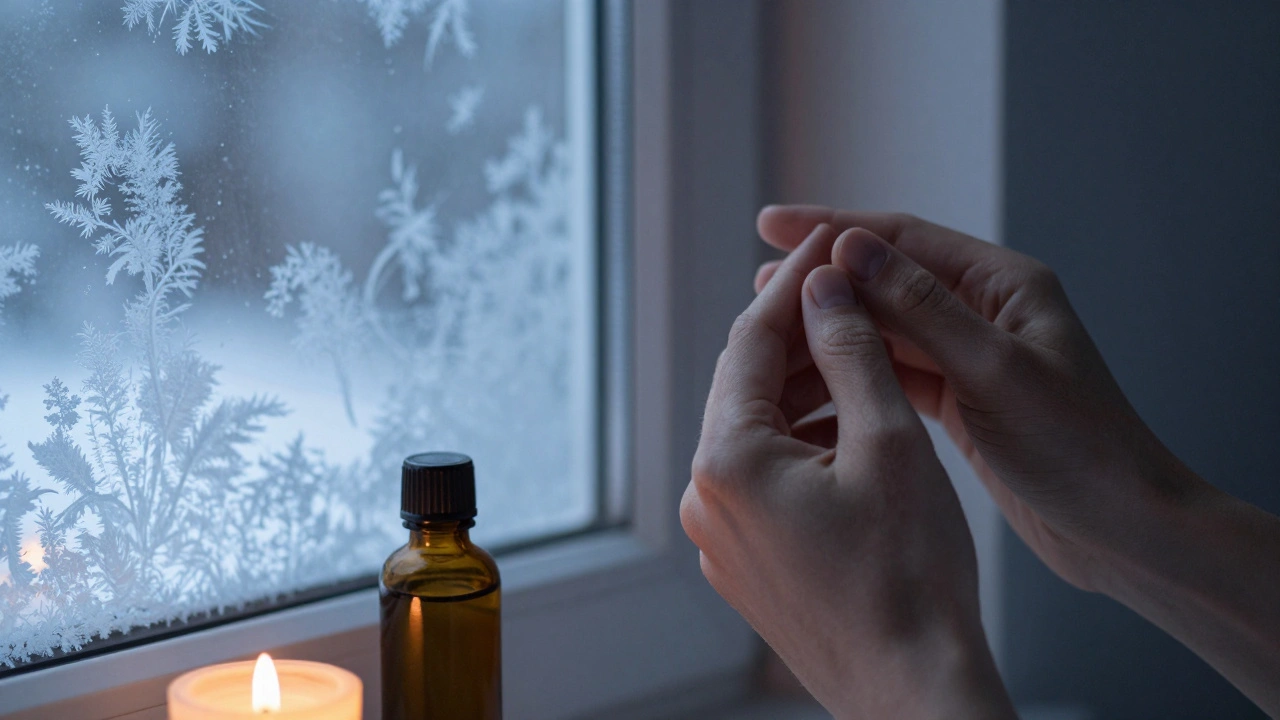 Close-up of hands massaging the forehead with almond oil, winter frost on the window.