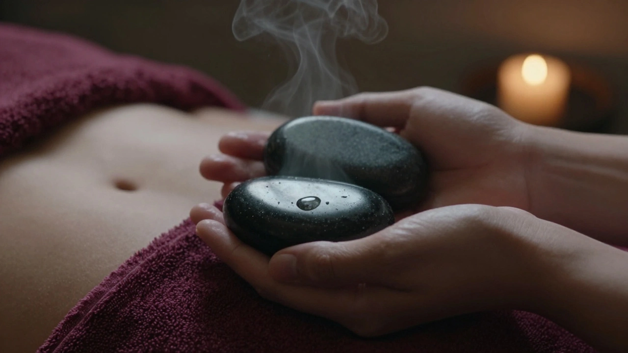 Close-up of warm basalt stones resting on a person's chest and forehead during a massage.