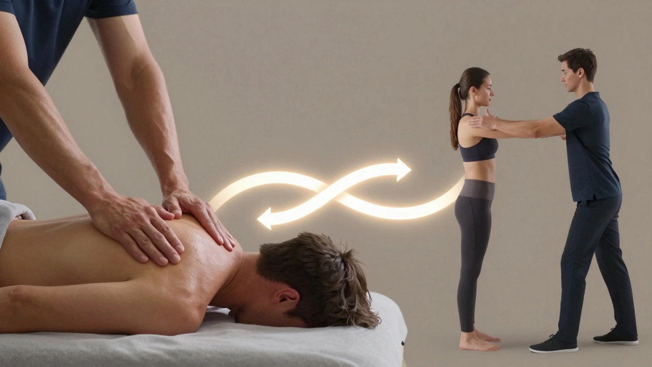 Conceptual image showing massage therapy and physical therapy working together to support recovery.