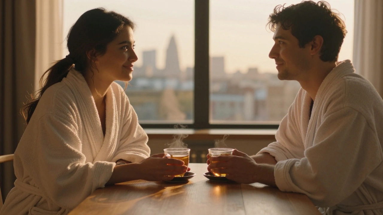 Couple relaxing after massage, sipping herbal tea in robes, smiling softly.