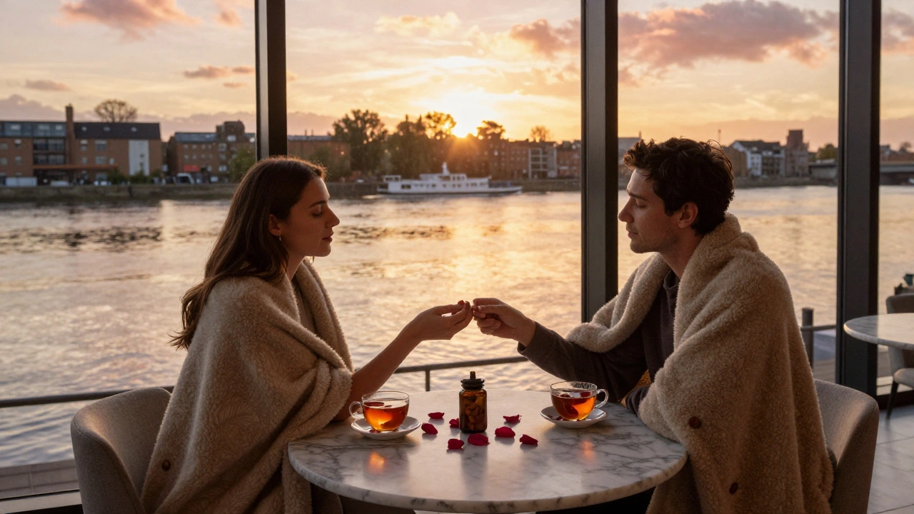 Couples relaxed on marble tables at sunset, overlooking the Thames, wrapped in blankets as golden light fills the room.