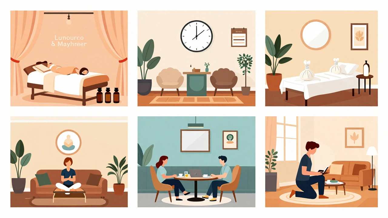 Five different London settings where head massages are offered, each shown with distinct visual cues.