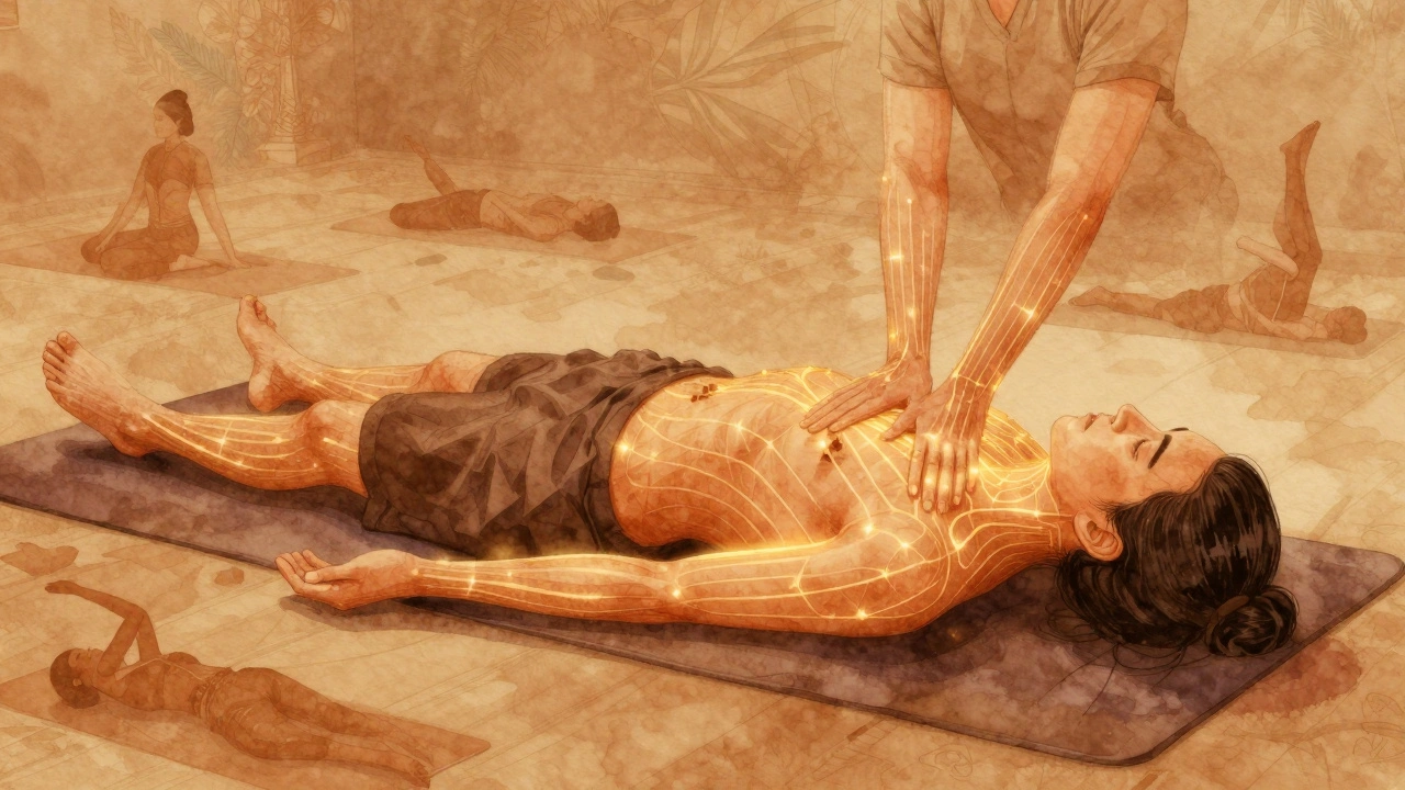 Golden energy lines glowing along a person’s body during a Thai massage, with therapist’s hands radiating healing pulses.