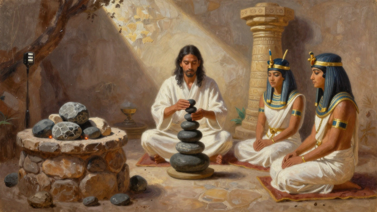 Native American, Chinese, and Egyptian healing traditions with heated stones.