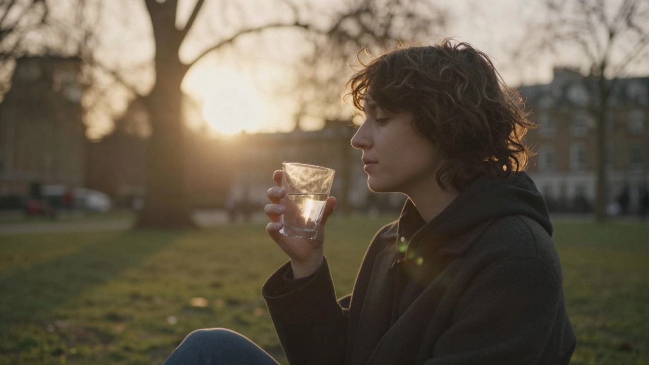 Person relaxing in London park holding water bottle