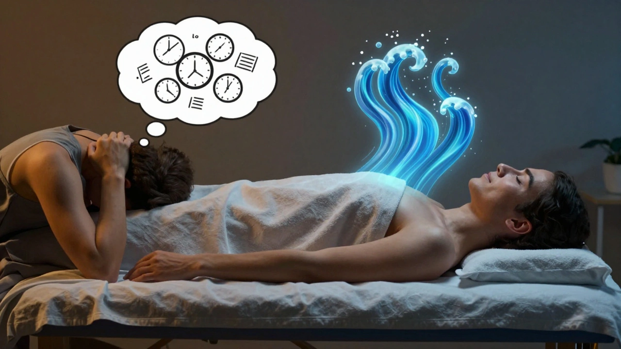 Split image showing stress vs. relaxation: tense person at desk vs. peaceful client on massage table.