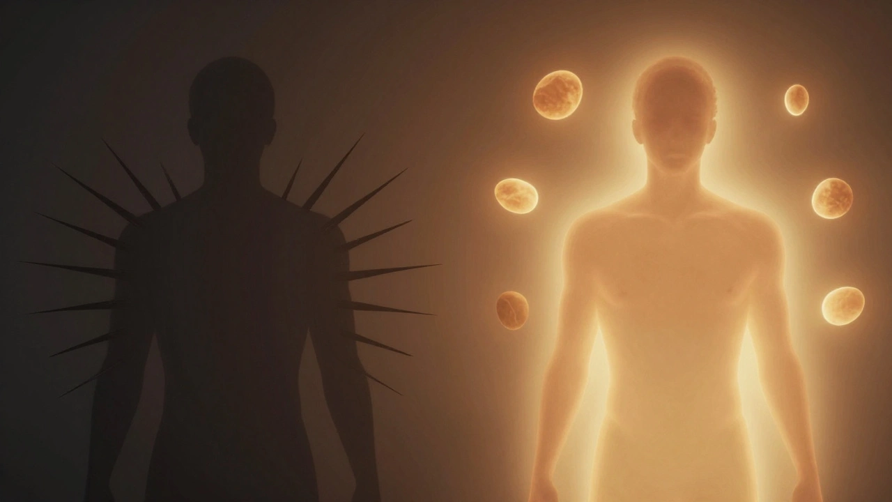 Symbolic image showing a tense body transforming into a relaxed, glowing form with floating heat stones.