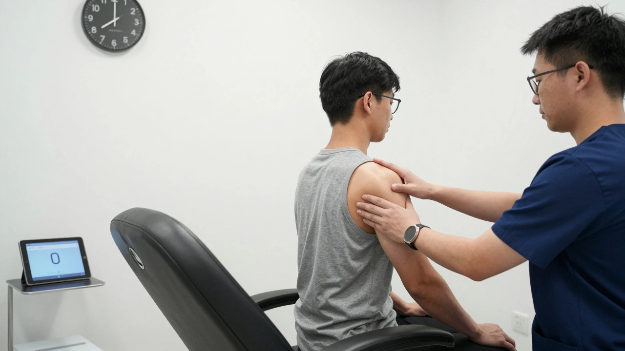 Therapist applying precise pressure to a client's upper back and arms in a clean, modern clinic setting.