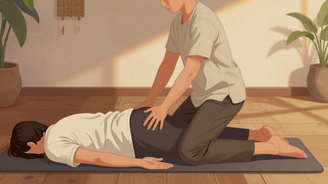 Therapist gently stretching a client's hip during a Thai massage session on the floor.