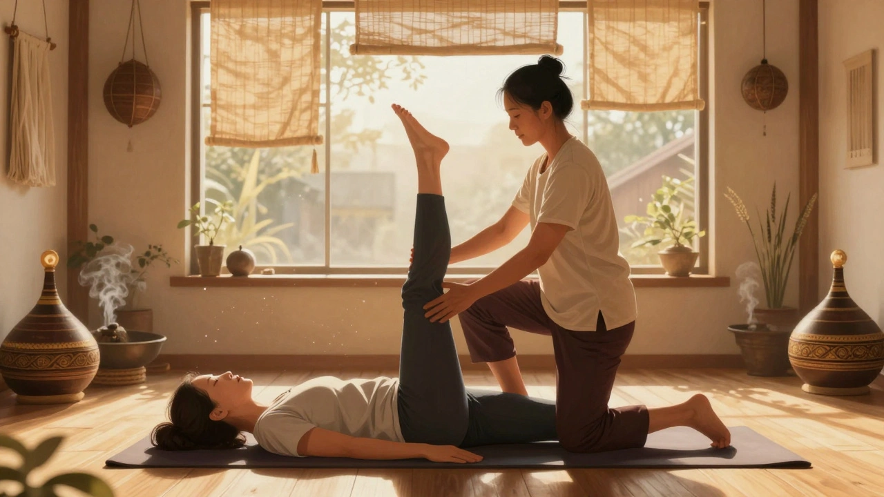 Therapist gently stretching a client’s leg during a traditional Thai massage in a bright Camden studio with organic linens.