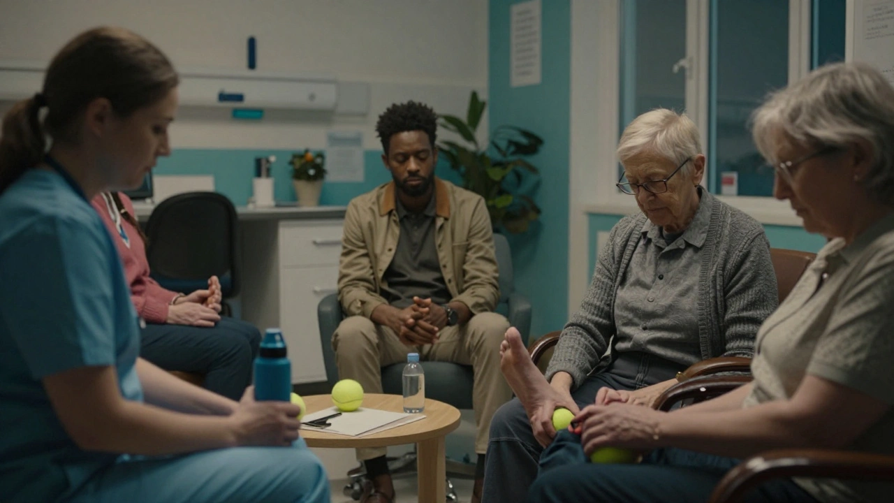 Three everyday Londoners practicing foot massage at home using simple tools like tennis balls and water bottles.