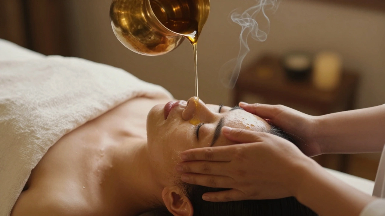 Warm oil being poured slowly over a person's forehead during an Ayurvedic Shirodhara head massage in London.