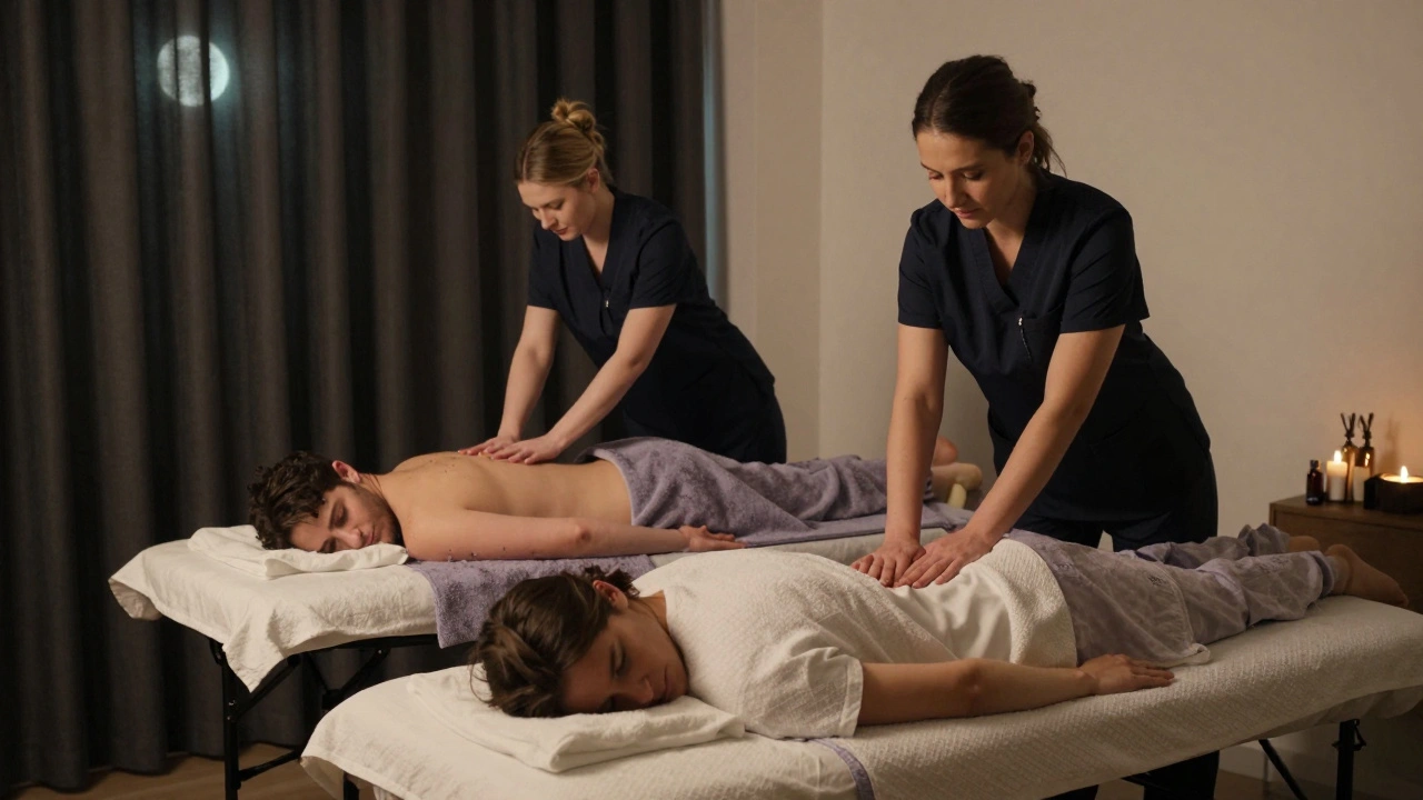 A couples' massage session with two therapists working side by side in a London bedroom.