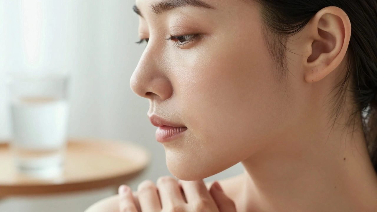 A glowing, makeup-free face with reduced puffiness under the eyes and jawline after lymphatic drainage.