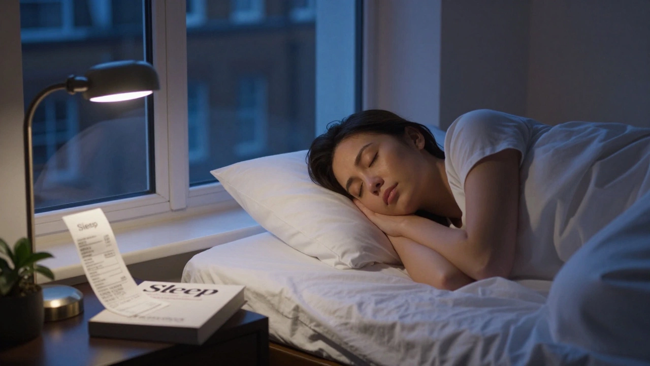 A peaceful sleeping woman at dawn, with a massage receipt on the nightstand beside an open book.