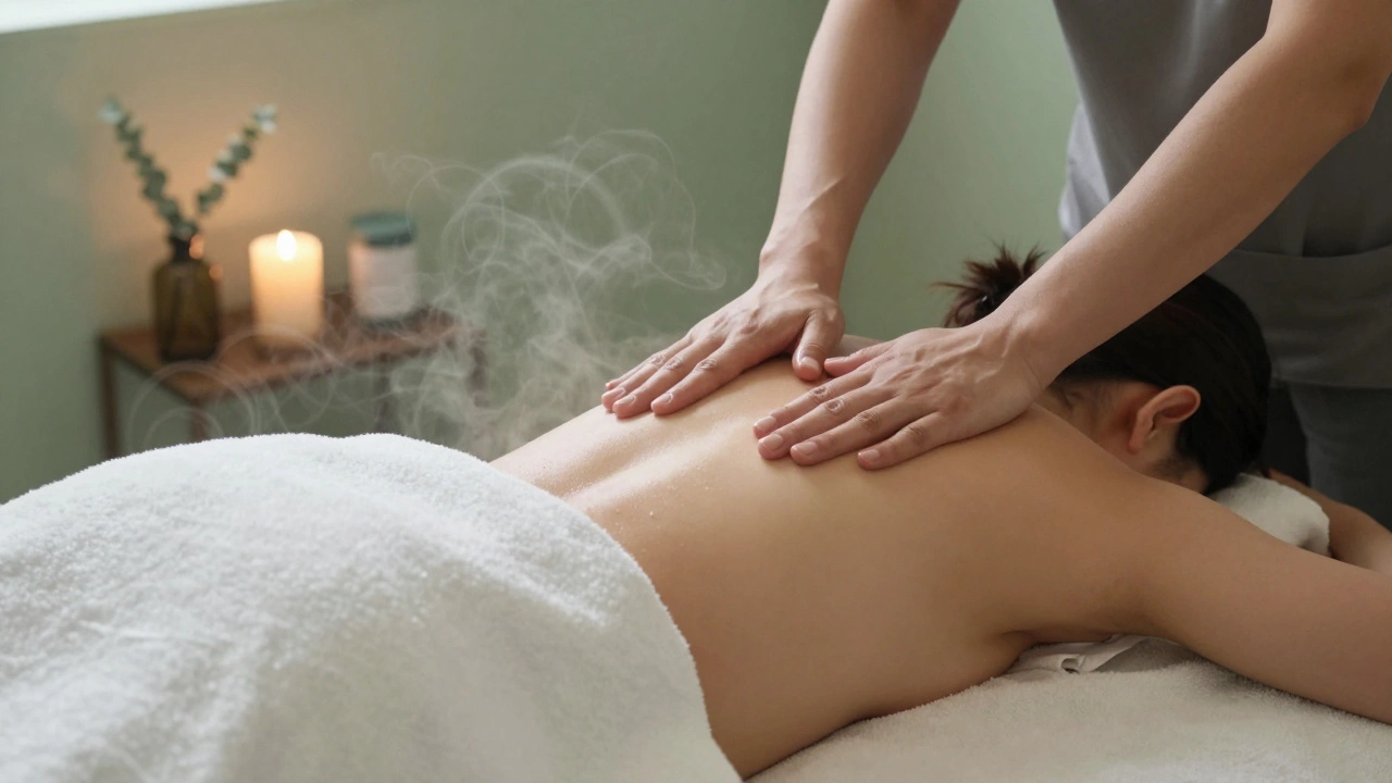 A person receiving a Swedish massage with gentle strokes on their back, draped in towels.
