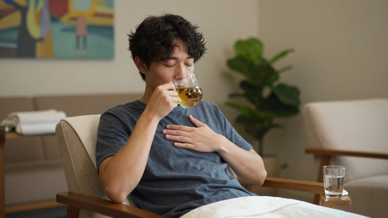 A person sits quietly in a spa lounge after a massage, sipping tea, eyes closed, surrounded by peaceful elements of relaxation.
