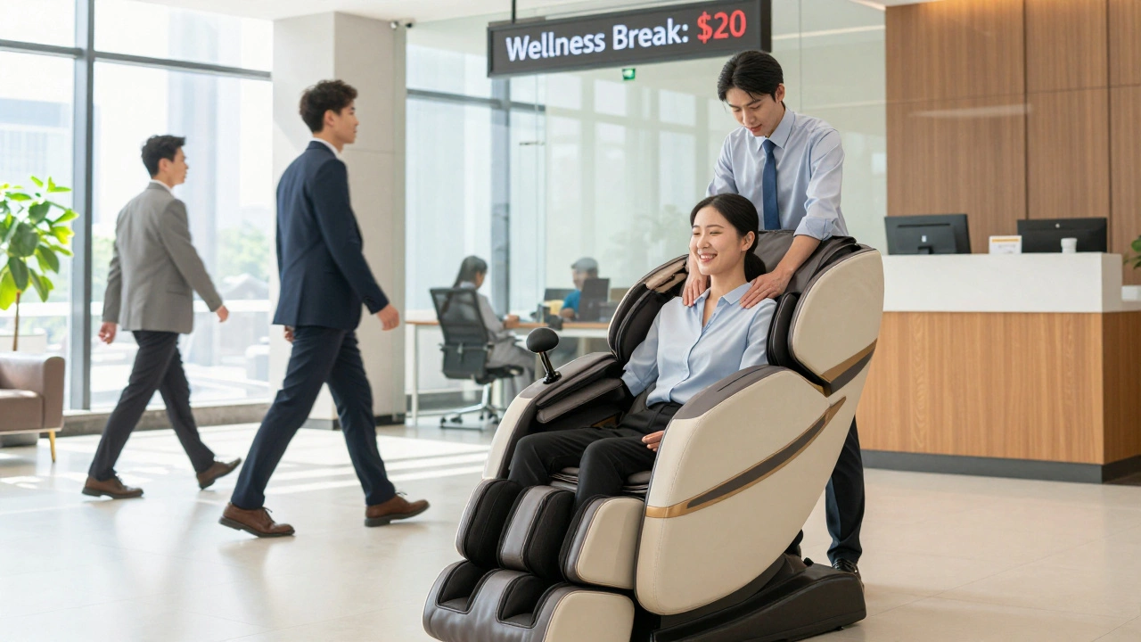 A professional using a massage chair in a corporate lobby during a short wellness break.